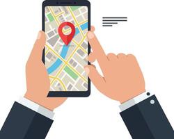 Hands holding smartphone displaying a map with a location pin in flat art vector