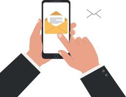 Hands holding smartphone displaying email notification in flat illustration vector