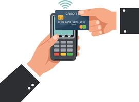 Hands exchanging a credit card over a payment terminal in a flat illustration vector