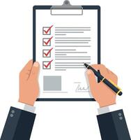 Hands holding a clipboard with checklist and pen in flat design style illustration vector