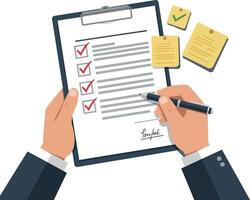 Hands holding a clipboard with checklists and notes in a flat illustration style vector