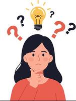 Woman with thoughtful expression pondering ideas surrounded by question marks and a light bulb in flat illustration vector