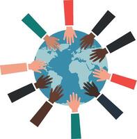 Diverse hands reaching towards a globe in a flat and colorful illustration vector