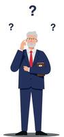 Confused businessman in a suit with a questioning expression in a flat illustration vector