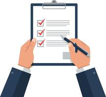 Hands holding a checklist with checked boxes in a minimal, flat design illustration vector