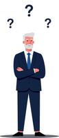 Confused businessman in a suit with crossed arms surrounded by question marks in minimal illustration vector
