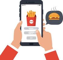 Hands holding smartphone displaying food delivery app with fries and burger in flat illustration vector