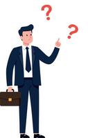 Businessman in a suit with a briefcase, looking puzzled with question marks, flat illustration vector