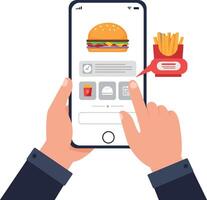 Hands holding a smartphone displaying a burger order in flat art style vector