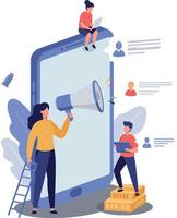 Engaging digital marketing scene with characters using devices in flat art vector