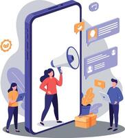 Two people engaging in communication with a megaphone in a smartphone, flat illustration vector