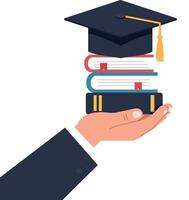 Hand holding stacked books with graduation cap in minimal flat illustration vector