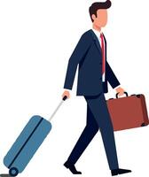 Businessman in a suit walking with a suitcase and briefcase in a flat illustration vector