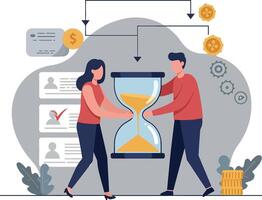 Two people exchanging an hourglass in a minimal style digital illustration conveying time management concepts in art vector