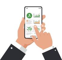 Hands holding smartphone displaying environmental data in flat illustration vector
