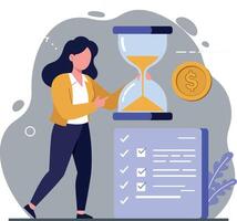 A woman managing her time with an hourglass and checklist in a minimal illustration vector