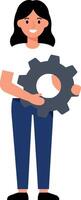 Woman holding a large gear in a minimal flat design illustration with a cheerful expression and casual attire vector