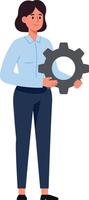 Confident woman holding a gear in a minimal style design showcasing teamwork and innovation in art vector