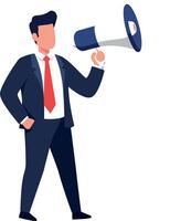 Businessman in suit passionately speaking into a megaphone in a flat illustration vector