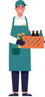 A cheerful shopkeeper in an apron holding a wooden crate of beverages, flat illustration