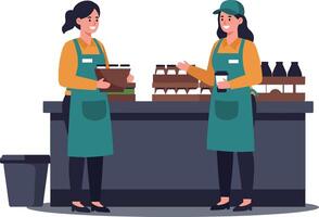 Two baristas engaging in friendly conversation at a coffee shop counter in a minimal illustration vector