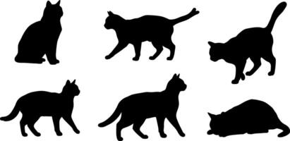 Six playful black cats in various poses showcasing minimal art style vector