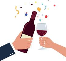 Two hands toasting with a wine bottle and glass in a festive minimal illustration vector