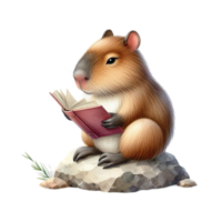 A cute little rodent is sitting on a rock and reading a book png