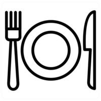 A black and white image of a plate, fork and knife vector
