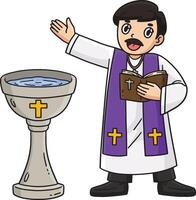 Baptism Priest and Baptismal Font Cartoon Clipart vector