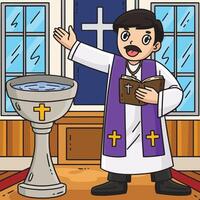 Baptism Priest and Baptismal Font Colored Cartoon vector