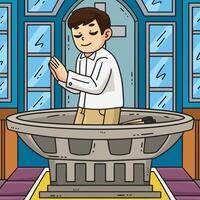 Baptism Font Child Praying Colored Cartoon vector