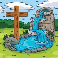 Baptism Fountain and Cross Colored Cartoon vector
