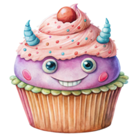 A cupcake with a monster face and horns png