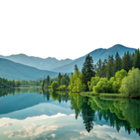 A lake surrounded by trees and mountains isolated on transparent background png