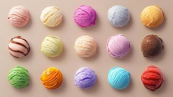 assorted ice cream scoops in various colors on a beige background, delicious dessert concept photo