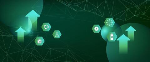 technologFuturistic green technology background with glowing circuit-like trees, rising arrows, and grid lines.sustainability, innovation, data analysis, and eco-friendly concept.y background 518 vector
