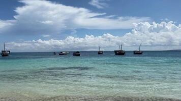 A group of boats are floating in the ocean near the shore. video