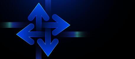 Futuristic Glowing Blue Four-Way Arrow on Dark Digital Background vector