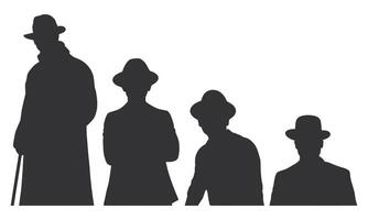 Man with Hat Holding Stick Silhouette. Group of Black Men with Hats. Man Standing Holding Stick. vector