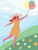 A young happy woman in a hat and dress with balls in her hands in a clearing with flowers against the sky. Summer joyful image. flat graphics. vector