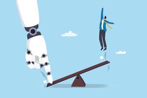 Artificial intelligence to support and help business success, AI automation tech, innovation boost employee development, assistant for improvement concept, robot hand help businessman jump on seesaw. vector