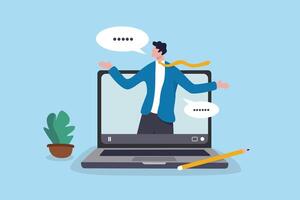 Online interview, meeting discussion or teaching e-learning, job interview or employment, talk or chat with colleague, conference call, businessman talking on computer laptop online interview. vector
