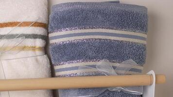 Soft blue towels neatly arranged in a bathroom setting video
