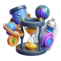 Abstract 3D Hourglass with Planets and Space Objects png