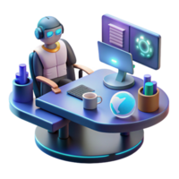 Cybernetic Worker at Desk with Global Data png