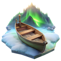 Wooden Rowboat in Snowy Landscape with Aurora Borealis png