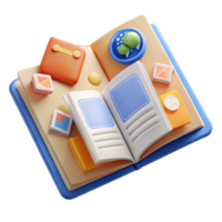 Open Book with Colorful Objects A 3D Render png