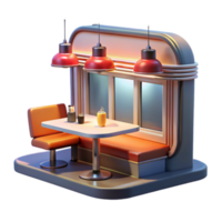 Retro Diner Booth Nostalgia, 3D Render, Restaurant Design, Vintage Cafe, Cozy Seating, Indoor Dining, Table Setting, Evening Ambiance, Illuminated Counter, Classic Style png