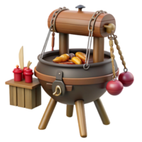 Medieval Food Cart 3D Render of Wooden Cart with Pot and Condiments png